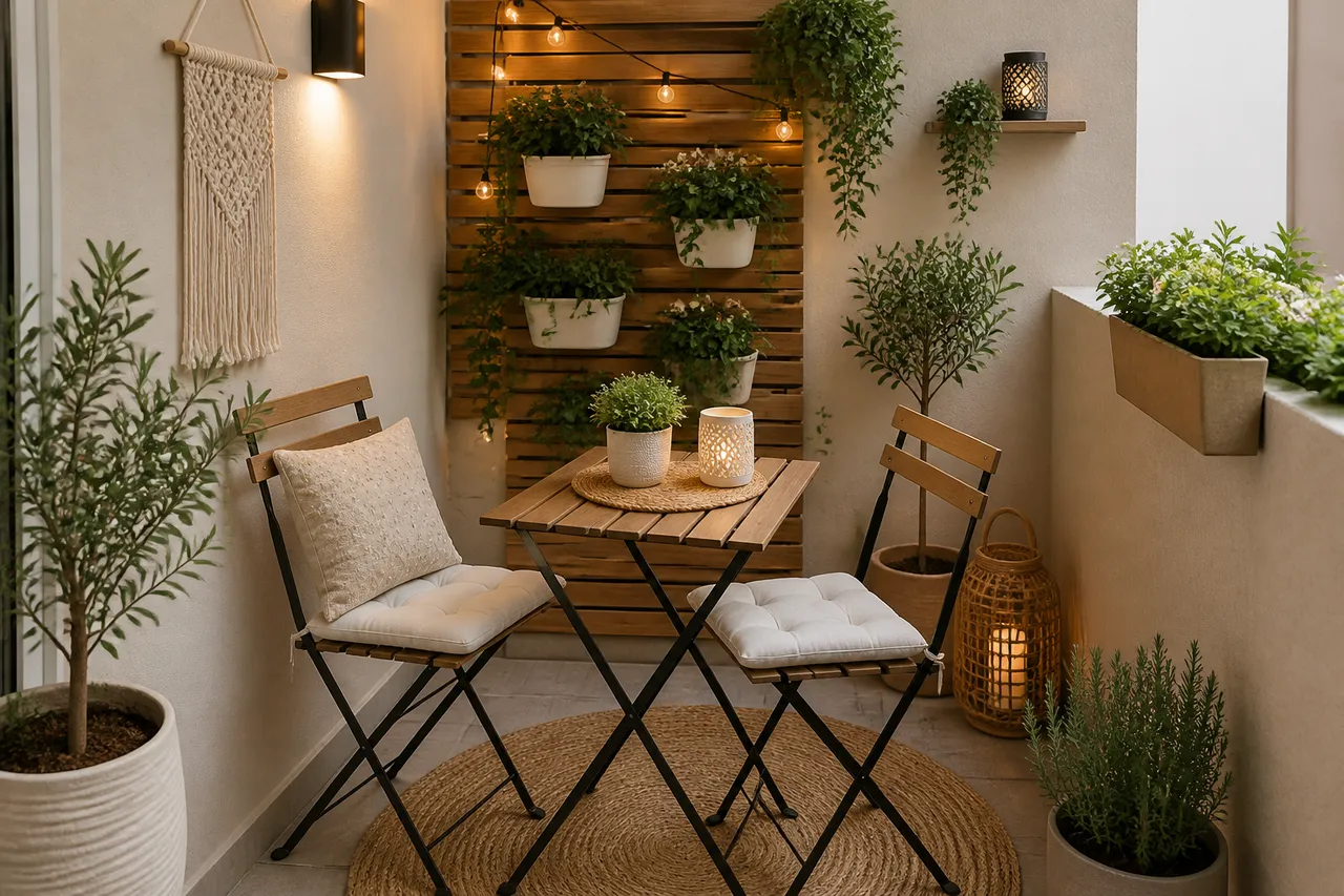 amenajare terasă mică cu mobilier pliabil și decor aerisit