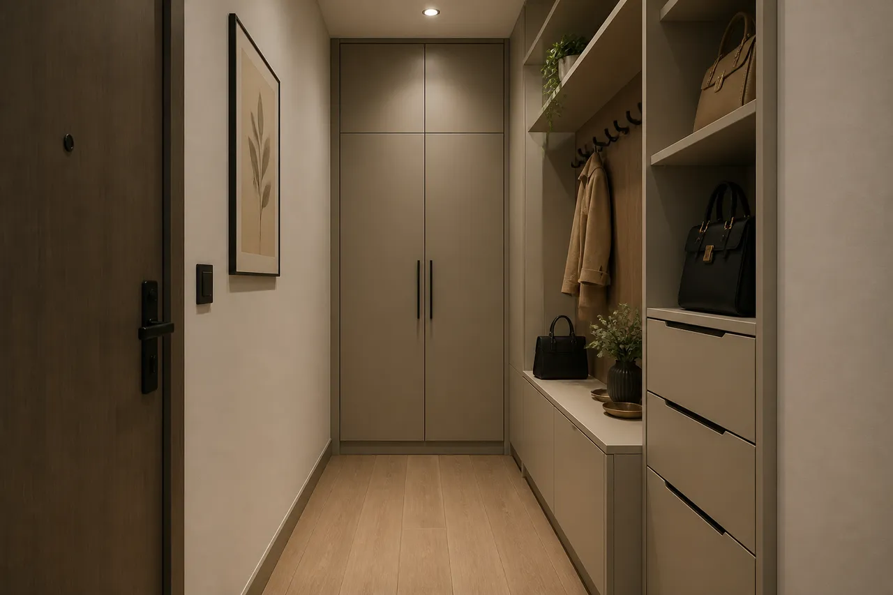 depozitare verticală inteligentă în holul unui apartament mic